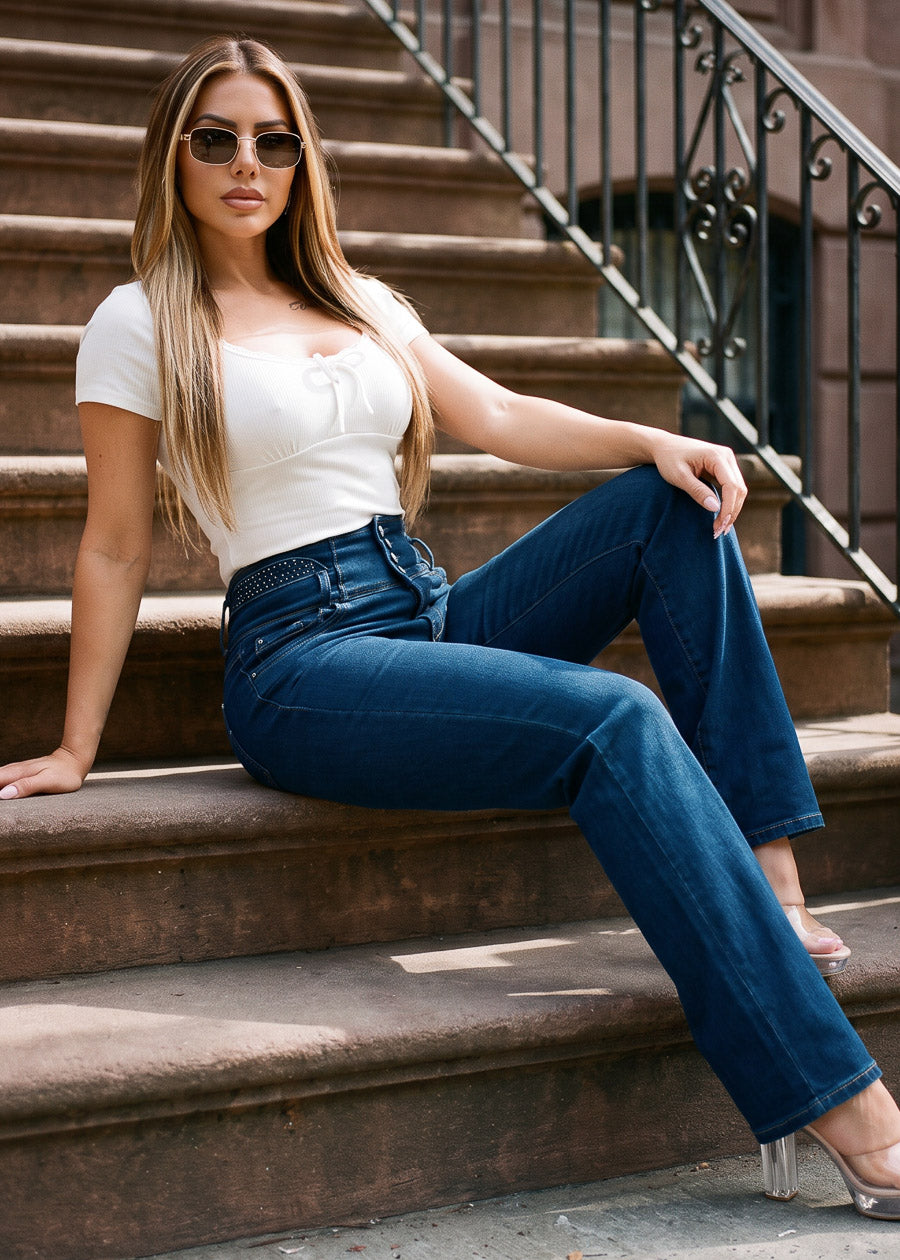 MX JEANS Embroidered Back Butt Lift Wide Leg Stretch Jeans Dark Blue