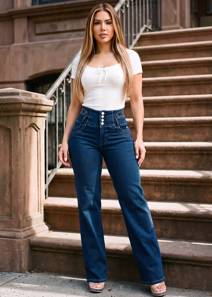 MX JEANS Embroidered Back Butt Lift Wide Leg Stretch Jeans Dark Blue