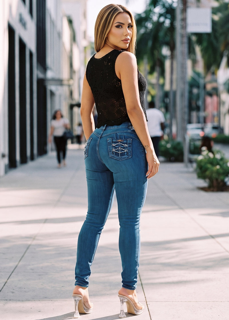 MX JEANS Butt Lift Super High Waist Stretch Skinny Jeans Sand Wash w Back Pocket Design