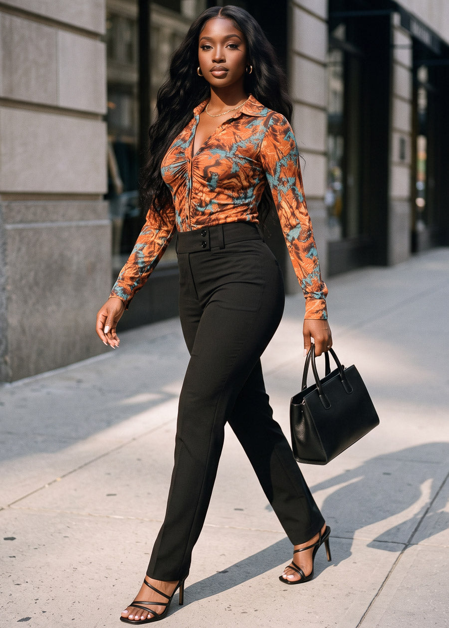 Stretch Ruched Long Sleeve Printed Mesh Blouse Rust