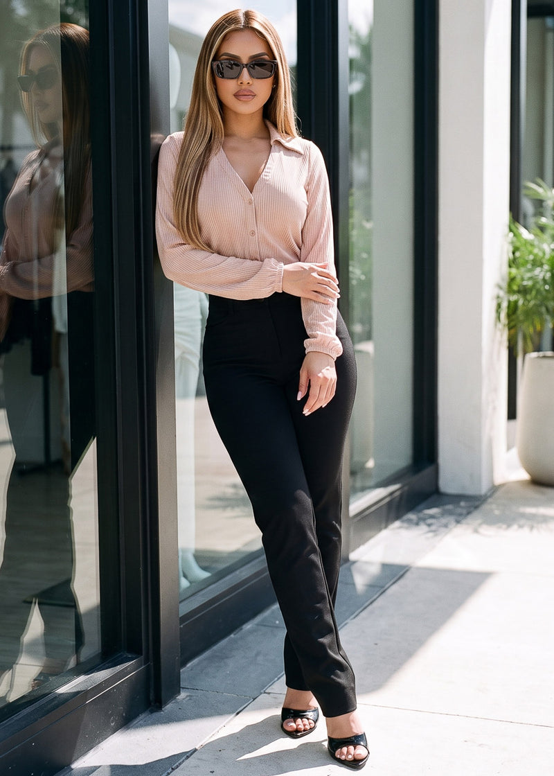 Long Sleeve Button Up Stretch Ribbed Blouse Nude