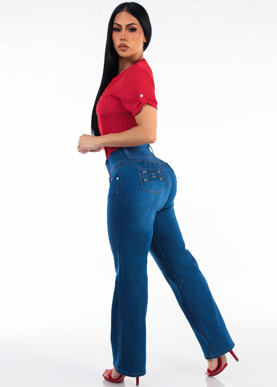 Red Butt Lift Wide Denim Outfit