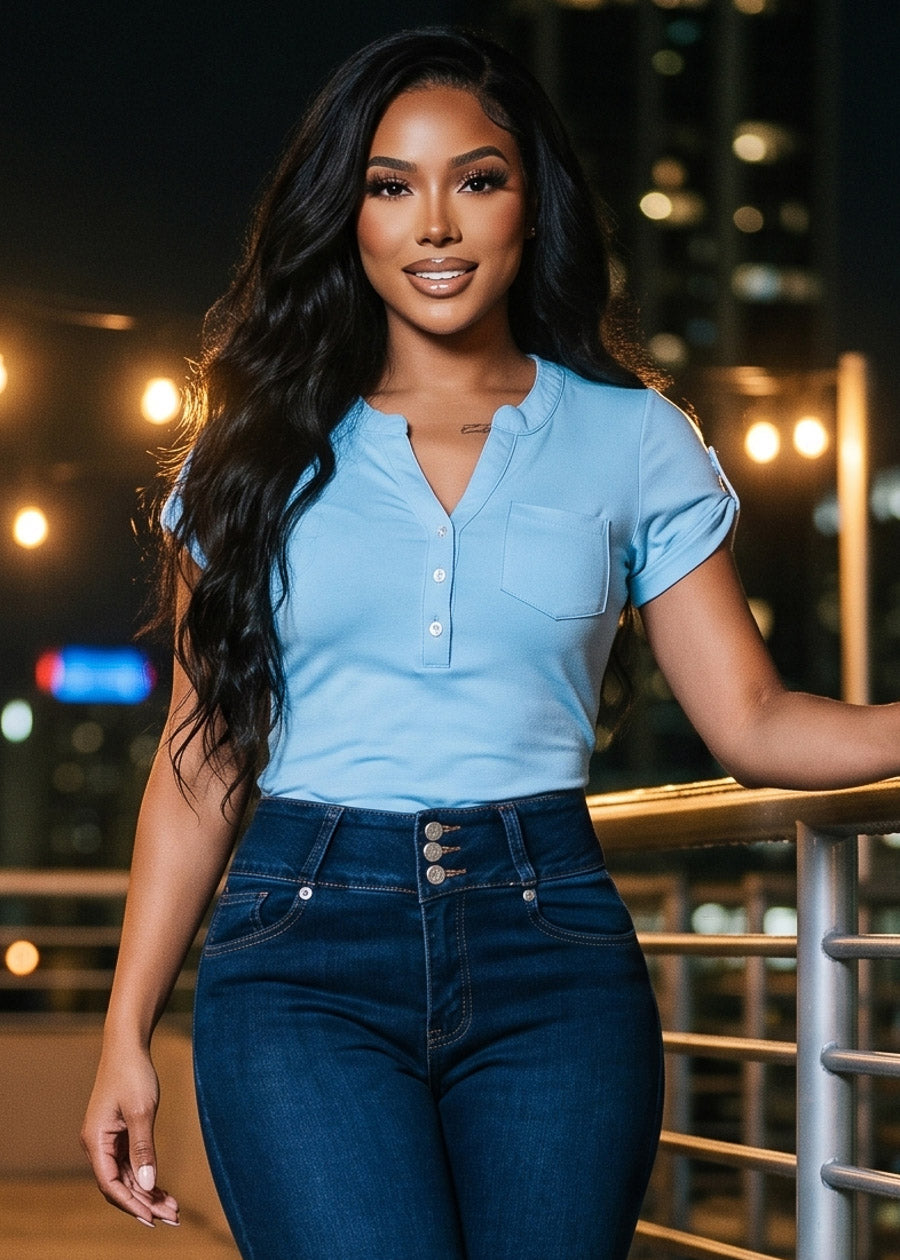 Short Sleeve Half Button Up Stretch Blouse Light Blue