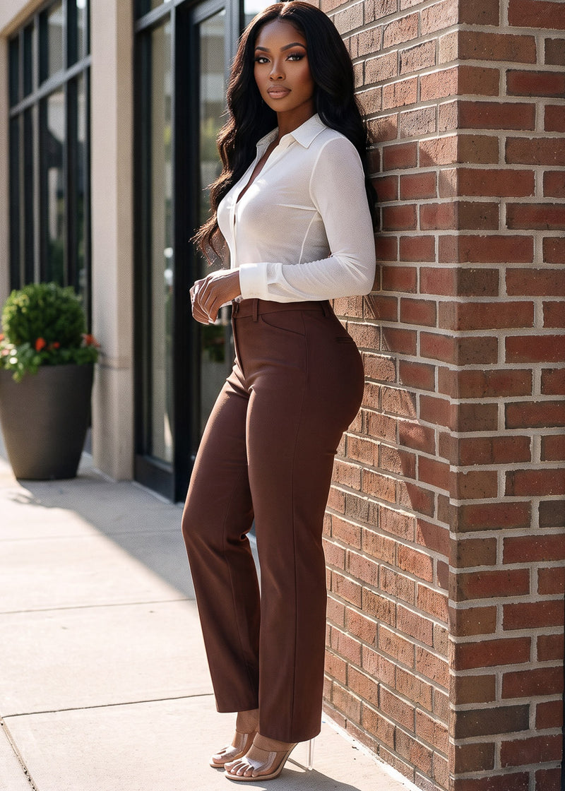 Stretch Long Sleeve Button Down Collared Blouse Ivory