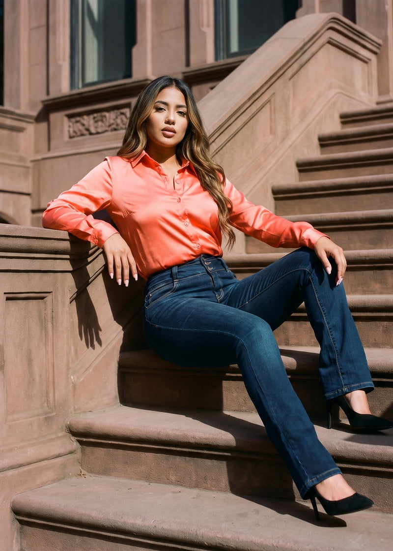 Long Sleeve Button Down Stretch Satin Blouse Light Orange