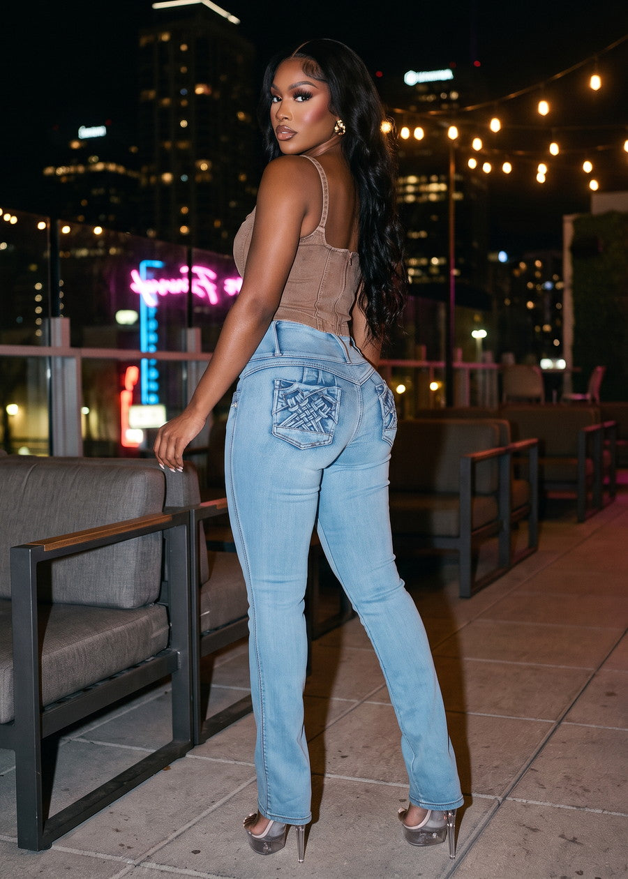 MX JEANS Butt Lift High Waist Bootcut Jeans Acid Wash Blue, view 7 of 18