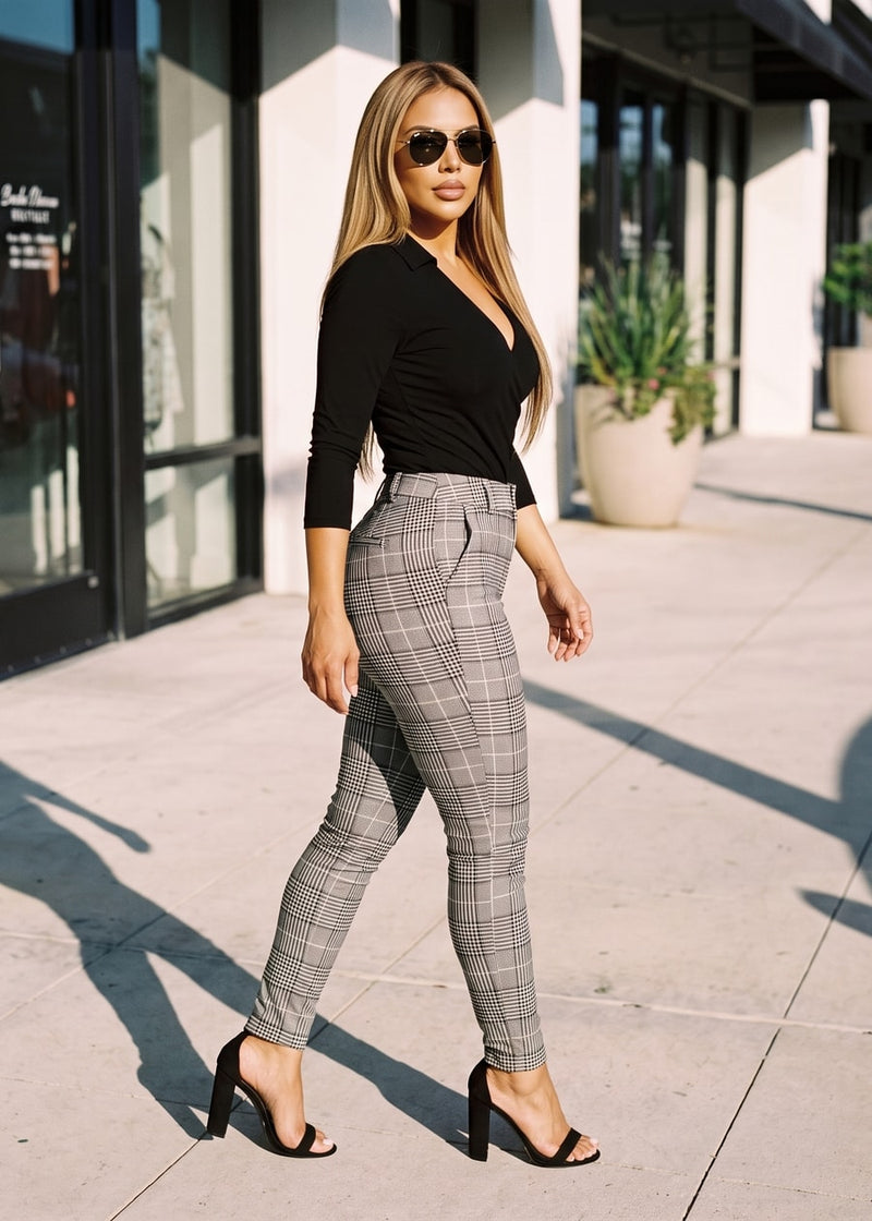 Black Butt Lift Plaid Pants Set