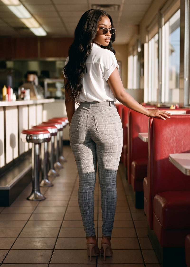 White Plaid Skinny Pants Look