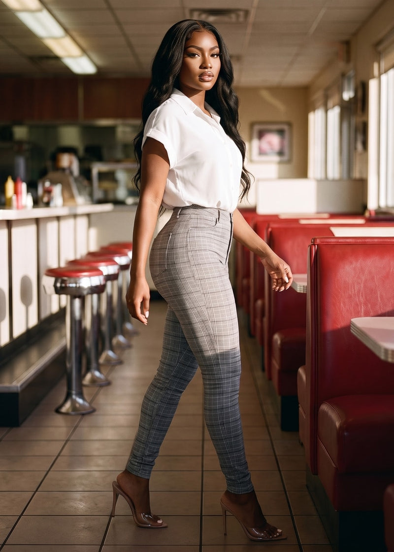 White Plaid Skinny Pants Look