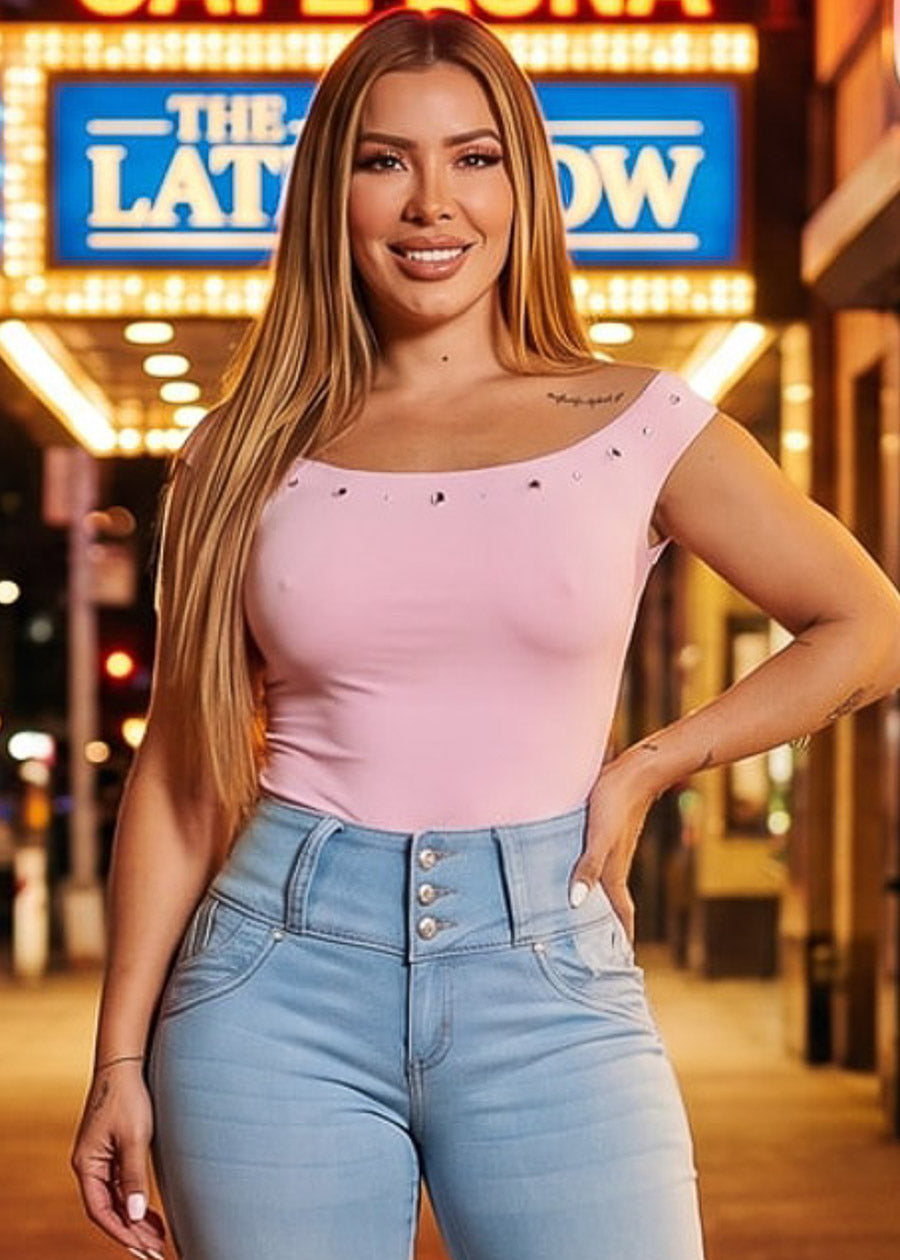 Off Shoulder Stretch Top Light Pink w Studded Neckline, view 1 of 8