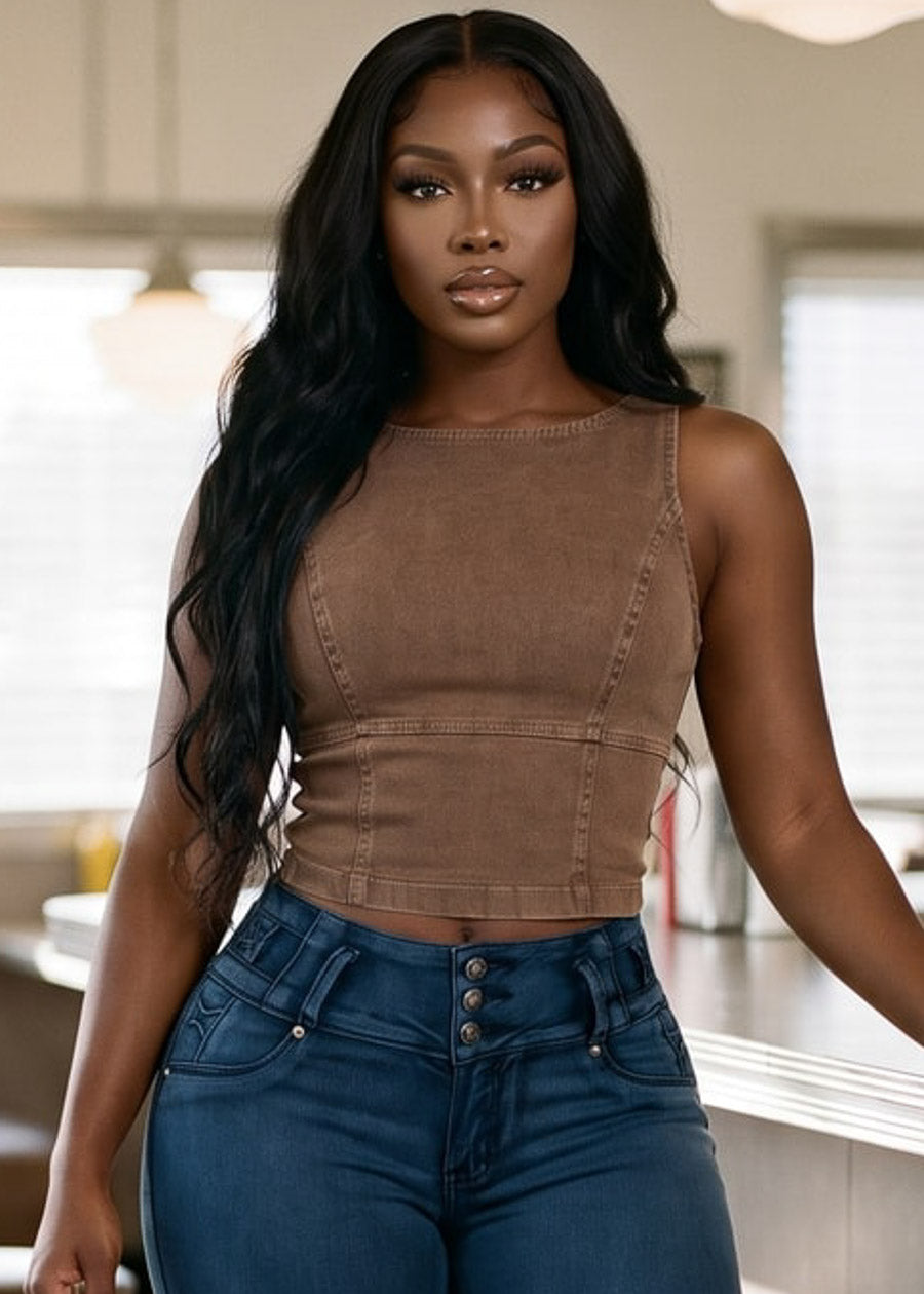 Sleeveless High Neck Fitted Denim Blouse Mocha, view 1 of 7