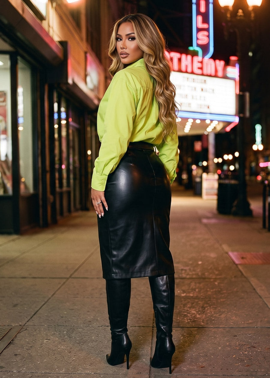 Belted High Waist Vegan Leather Midi Pencil Skirt Black, view 3 of 8