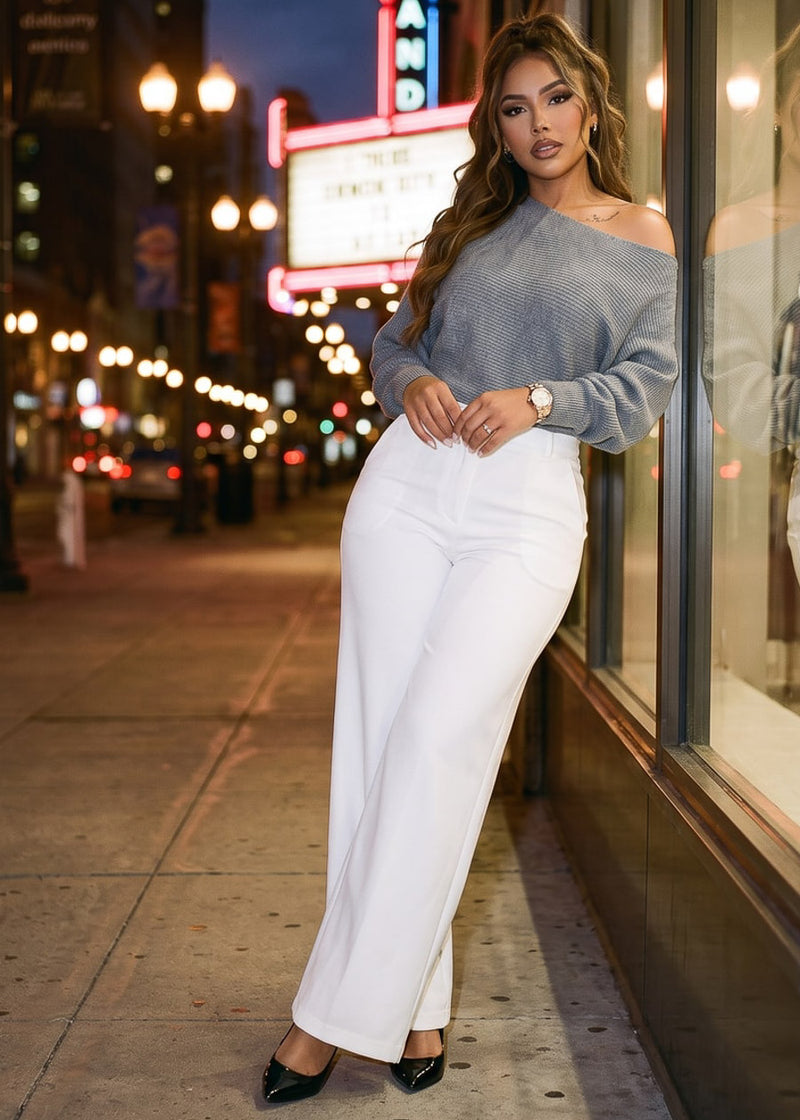 Long Sleeve Boat Neckline Oversized Sweater Grey