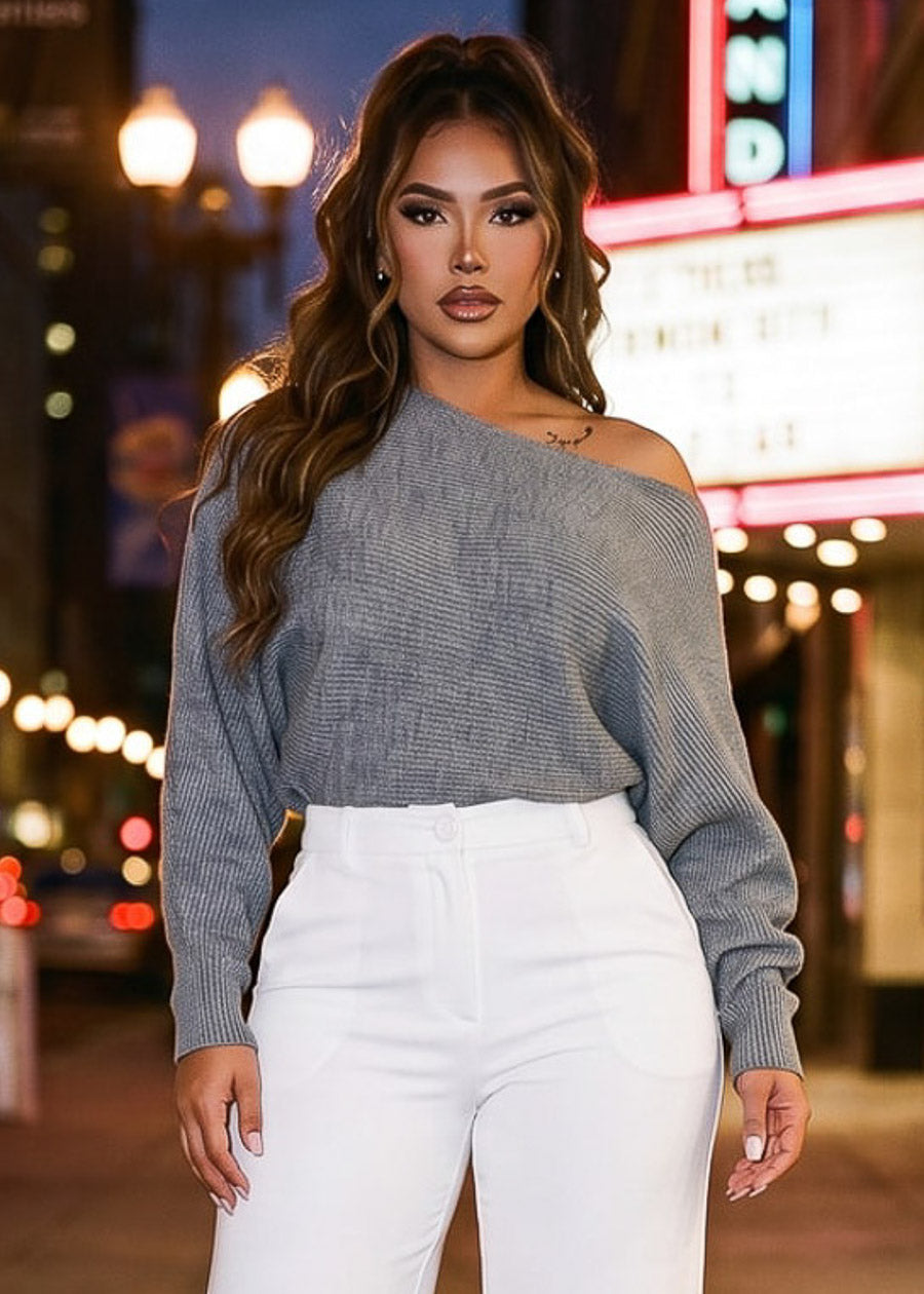 Long Sleeve Boat Neckline Oversized Sweater Grey, view 1 of 6