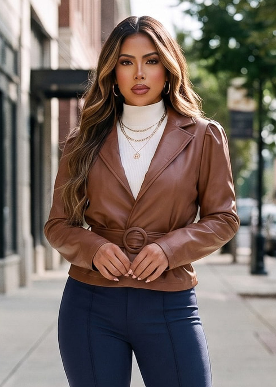 Long Puff Sleeve Vegan Leather Belted Jacket Camel, view 1 of 6