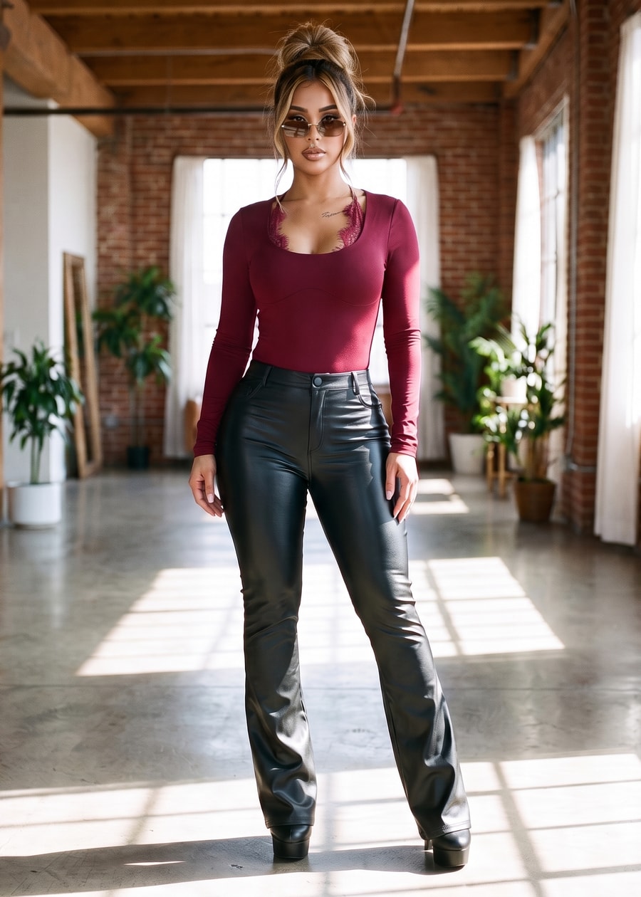 Wine Flared Bottom Pants Combo, view 1 of 3