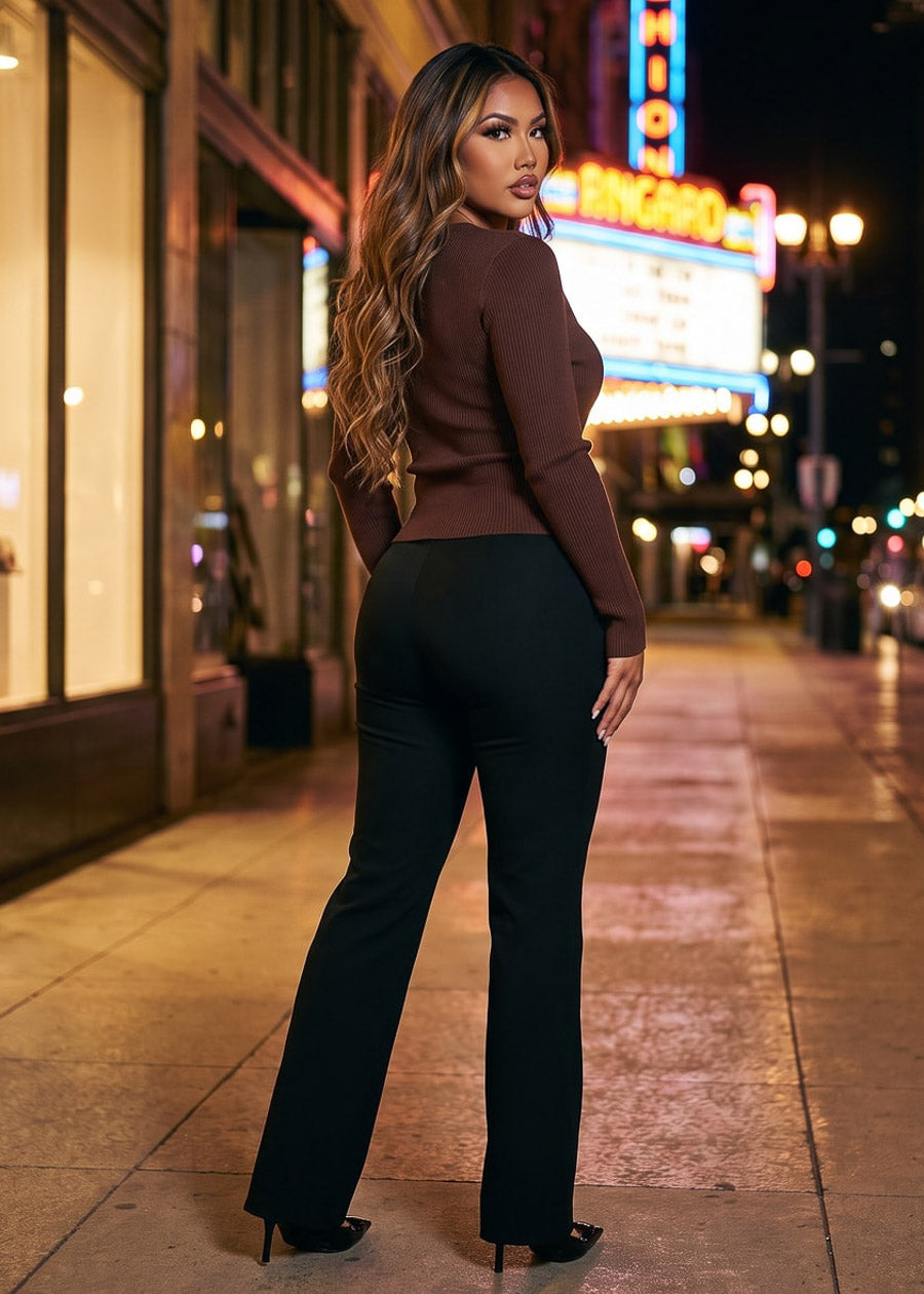 Butt Lift High Waisted Flared Stretch Dress Pants Black w Belt, view 3 of 8