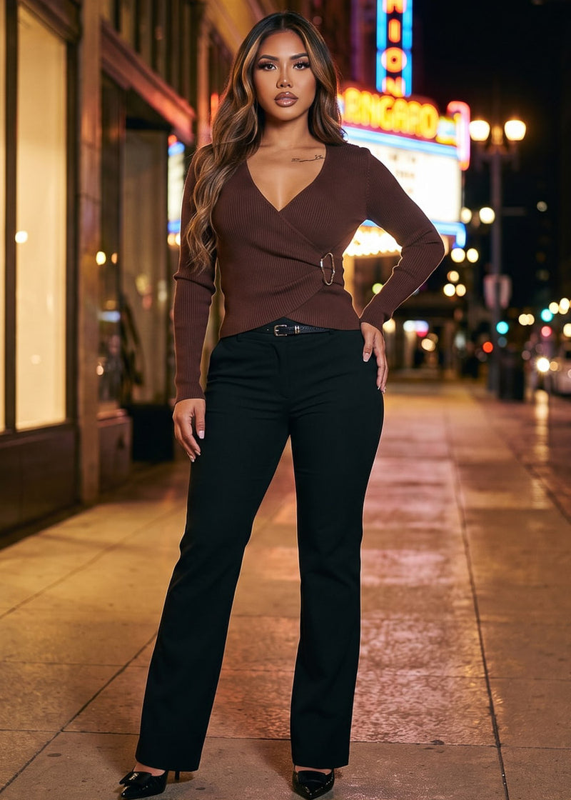 Long Sleeve Surplice Ribbed Sweater Blouse Brown