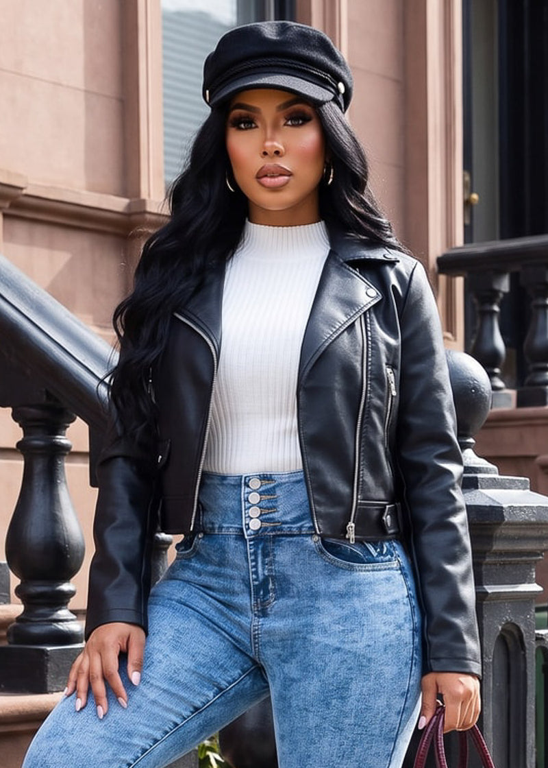 Zip Up Long Sleeve Vegan Leather Black Moto Jacket