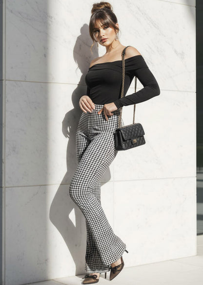Butt lift High Waist Plaid Flared Pants B&W