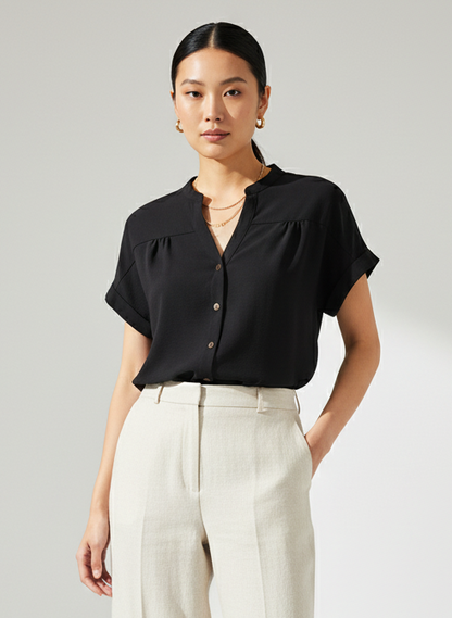 Short Sleeve Button Up Linen Blouse Black