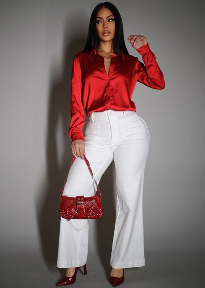 Long Sleeve Button Down Stretch Satin Blouse Red