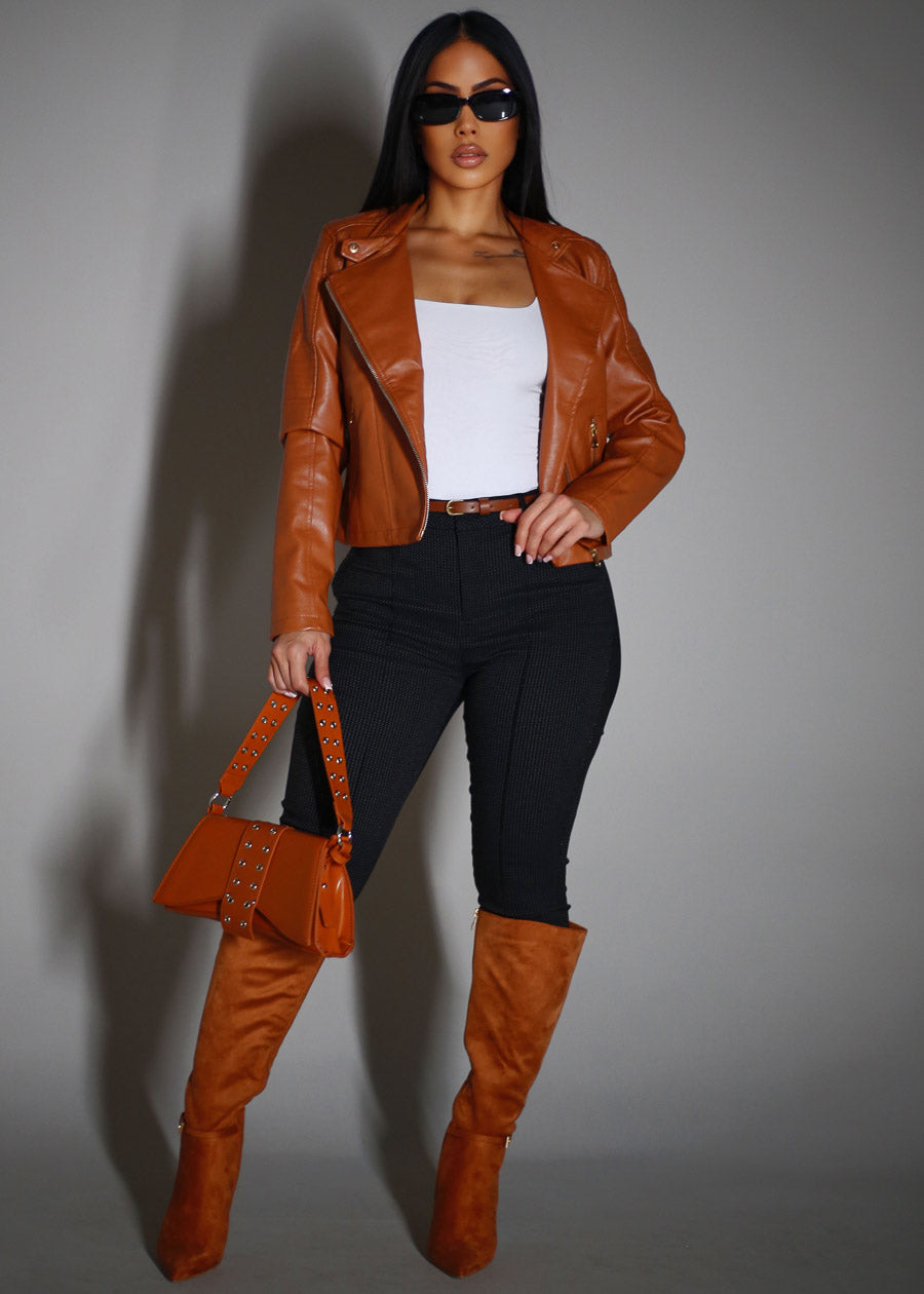 Zip Up Vegan Leather Moto Jacket Light Brown