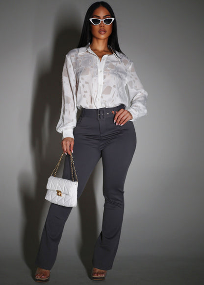 White Long Sleeve Button Up Textured Collared Blouse