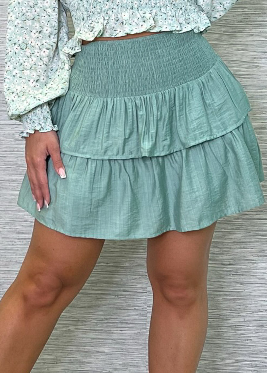 Smocked Waist Ruffle Mini Skirt Jade