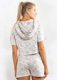 MONO B Activewear Short Sleeve Floral Cropped Hoodie