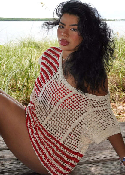 Short Sleeve Multi Stripe Crochet Knit Top Beige