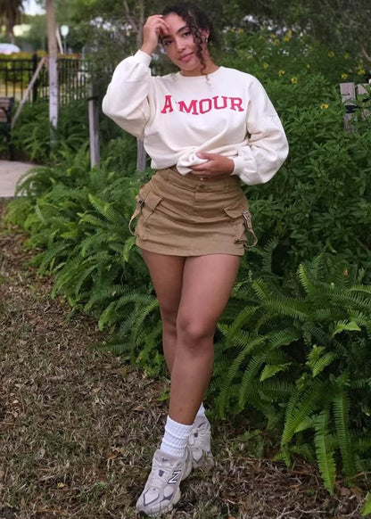 High Waist Stretch Cargo Mini Skort Dark Khaki