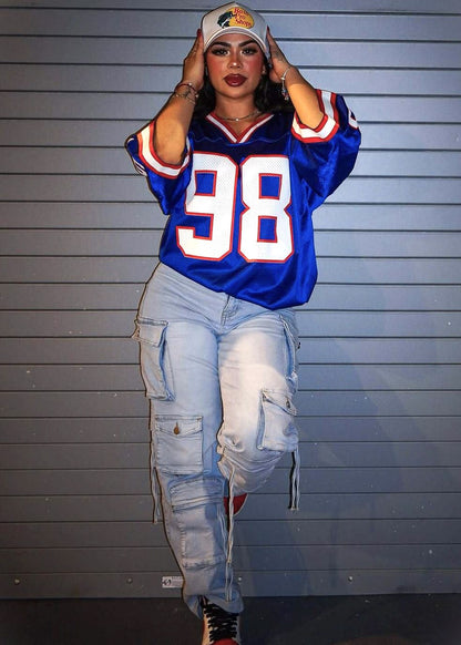 Super High Waist Light Wash Stretchy Cargo Jeans