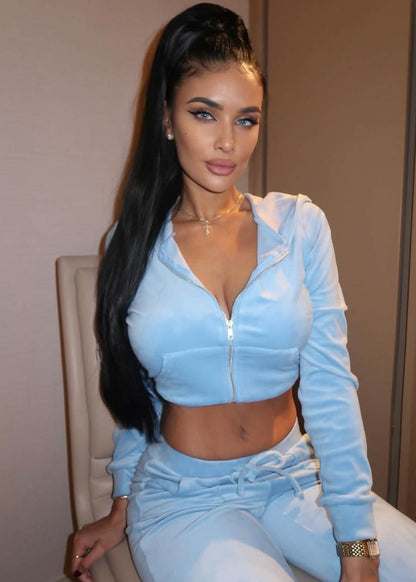 Long Sleeve Zip Up Velour Hoodie Light Blue