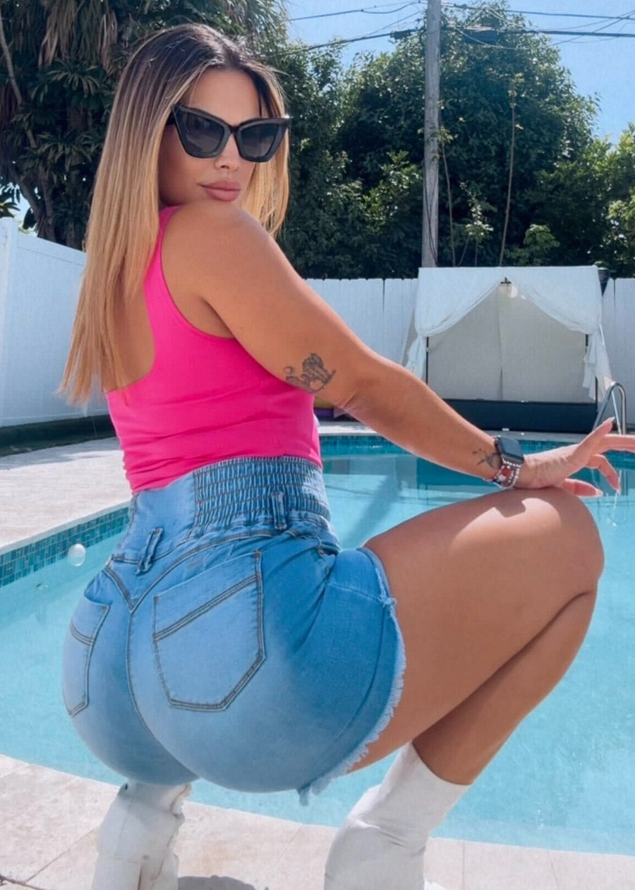 MX JEANS Stretchy High Rise Spandex Waist Light Denim Cuffed Shorts