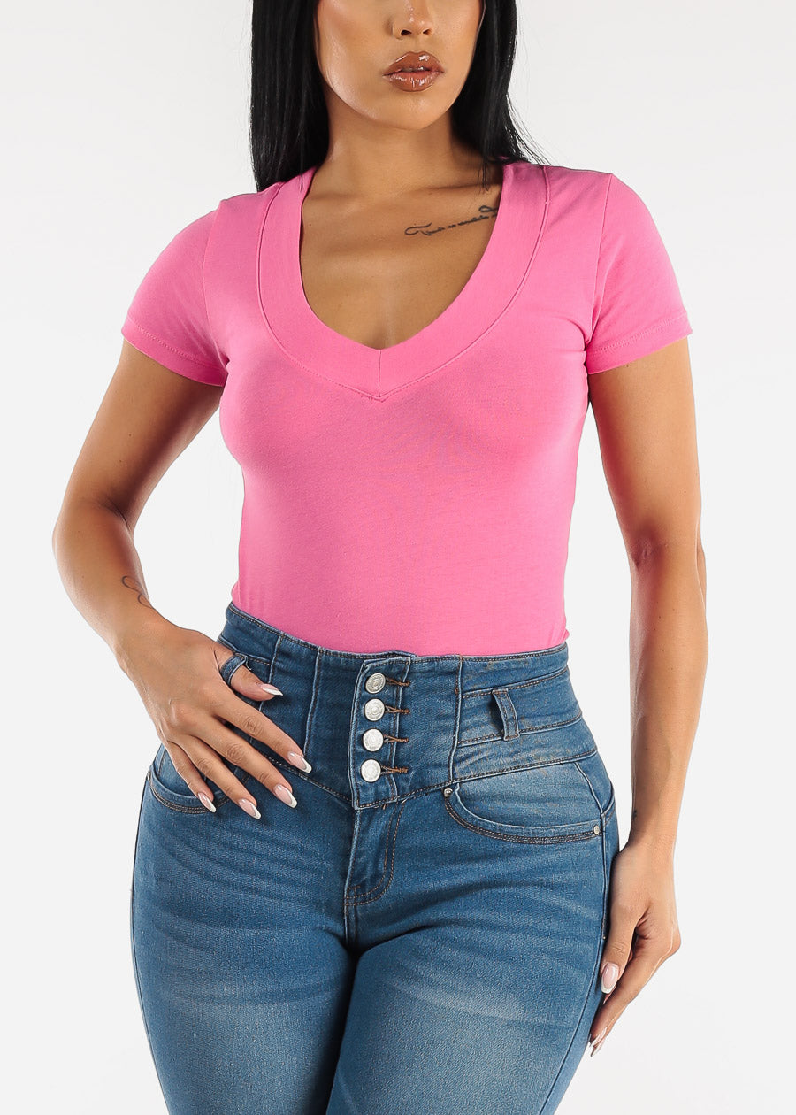 V-Neck Basic T-Shirt (Deep Pink)