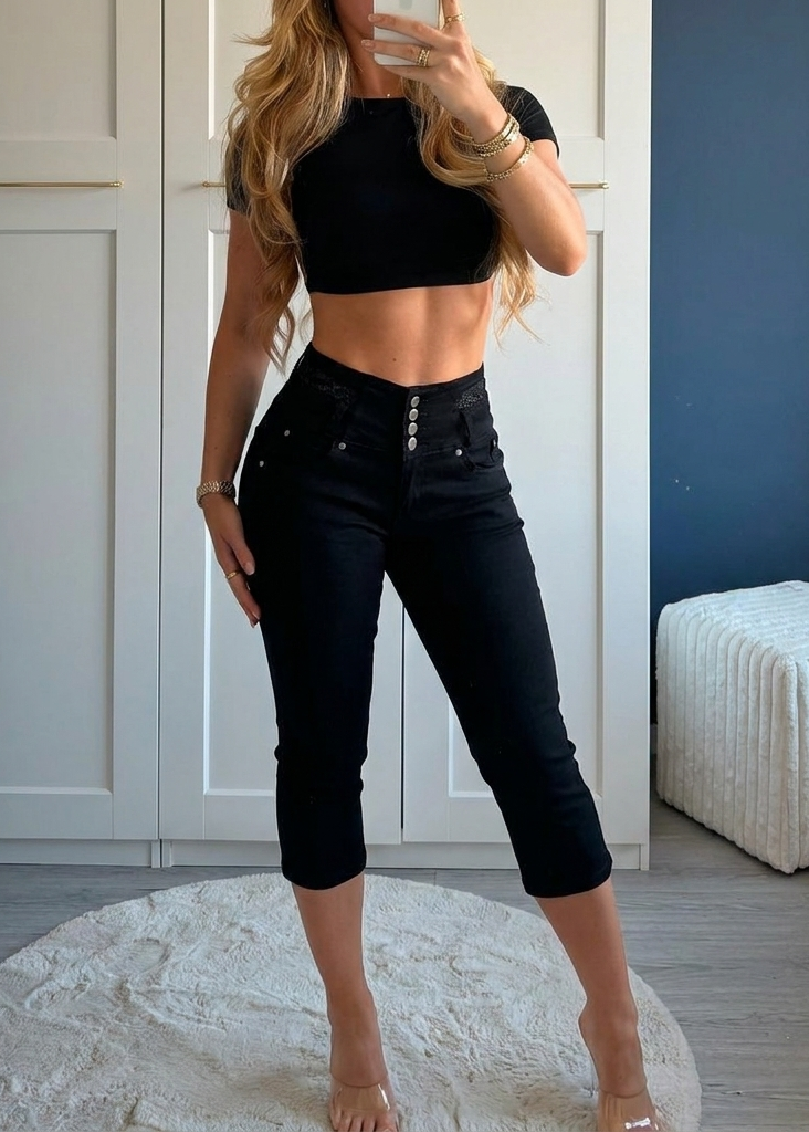 Woman wearing a black crop top and black capri pants taking a mirror selfie.