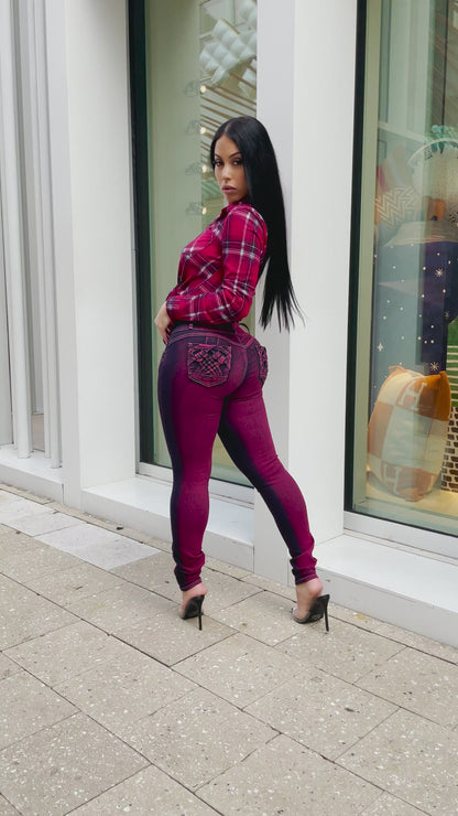 MX JEANS Levantacola Mid Rise Burgundy Skinny Jeans