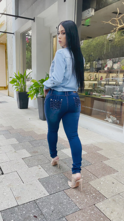 MX JEANS Braided Pocket Butt Lifting Dark Blue Skinny Jeans