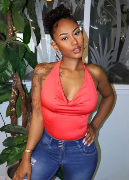 Halter Open Back Cowl Neck Bodysuit Red Orange