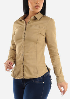 Long Sleeve Button Up Stretch Collared Blouse Khaki