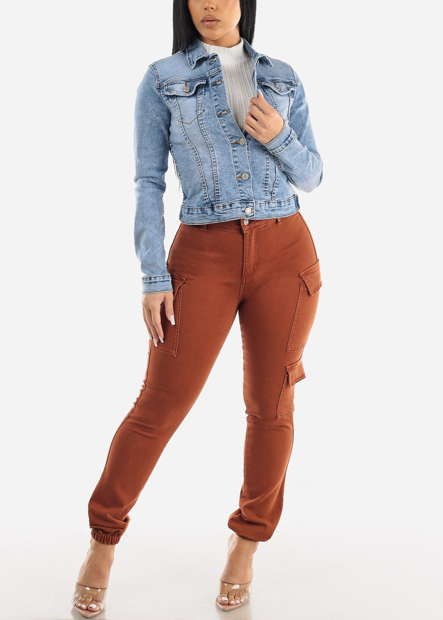 High Waisted Stretch Cargo Jogger Jeans Brown