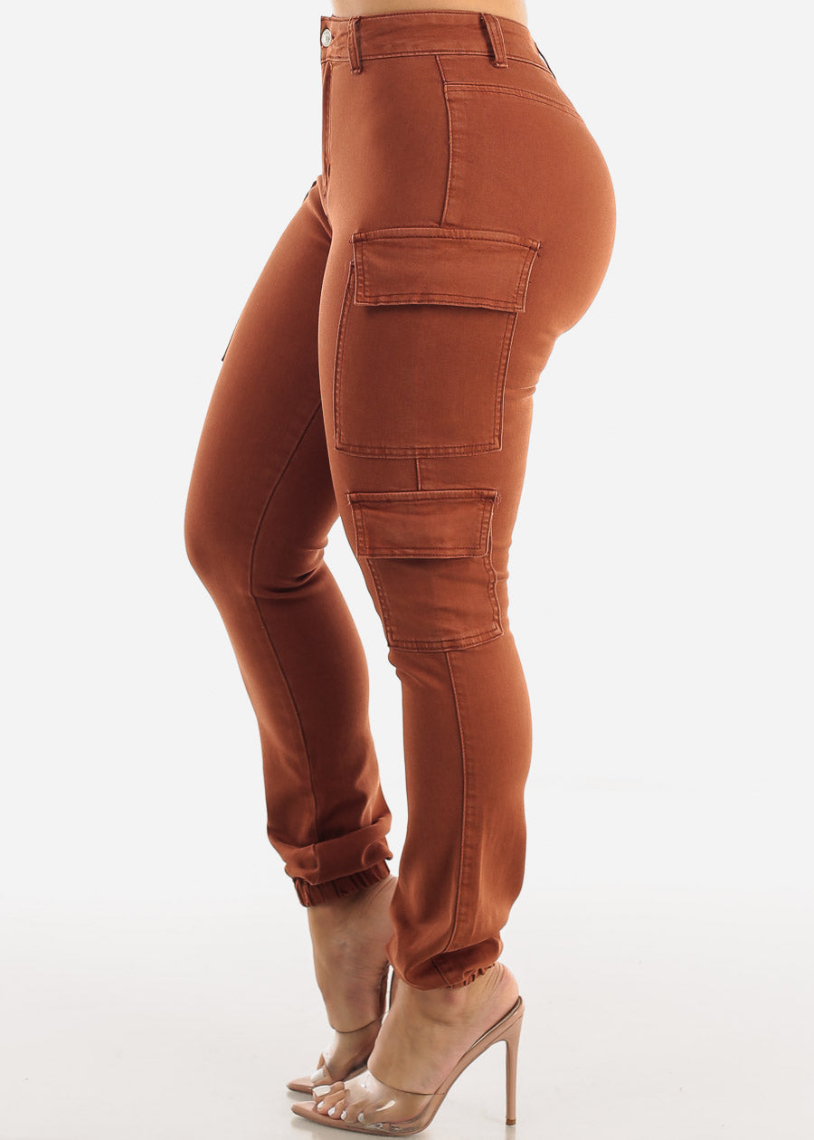 High Waisted Stretch Cargo Jogger Jeans Brown