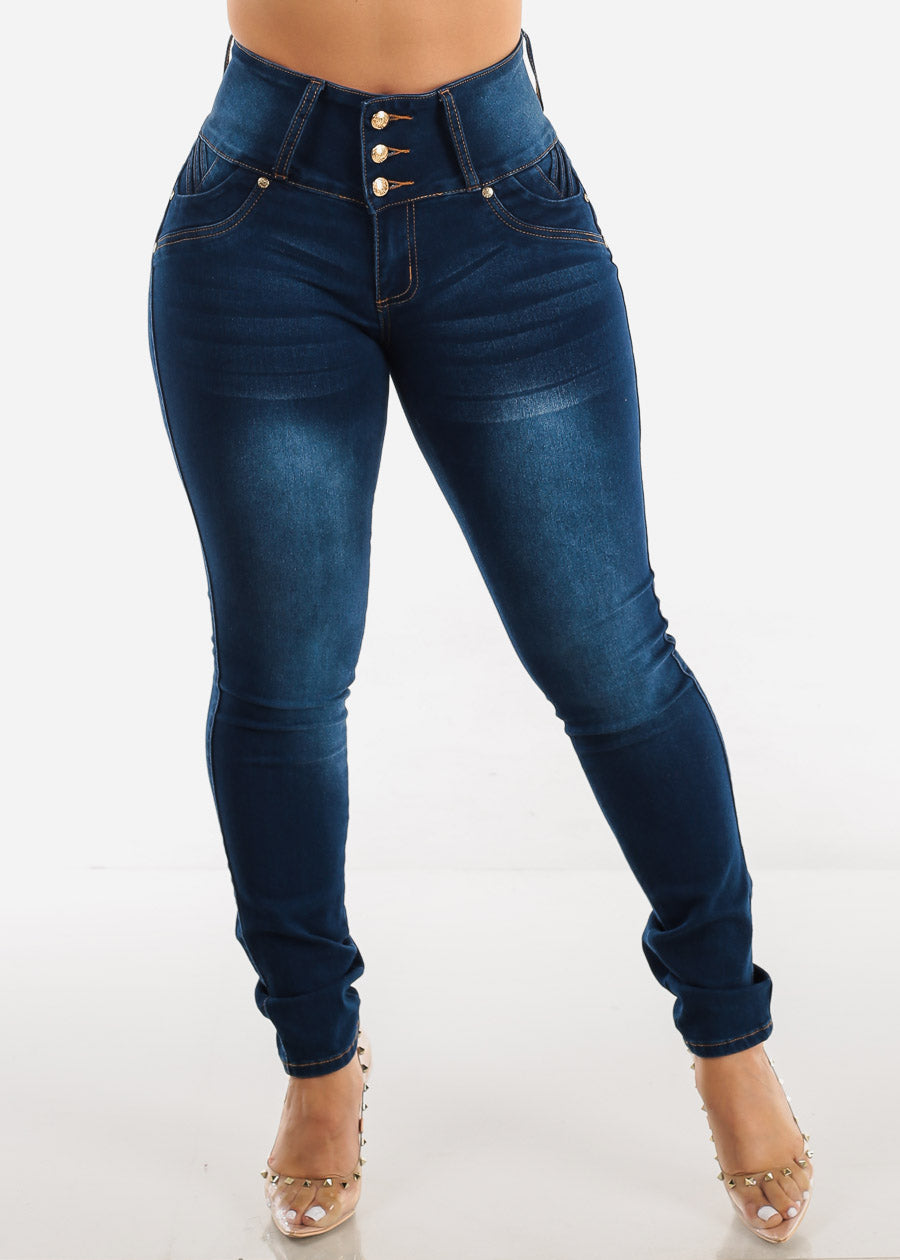 MX JEANS Braided Pocket Butt Lifting Dark Blue Skinny Jeans