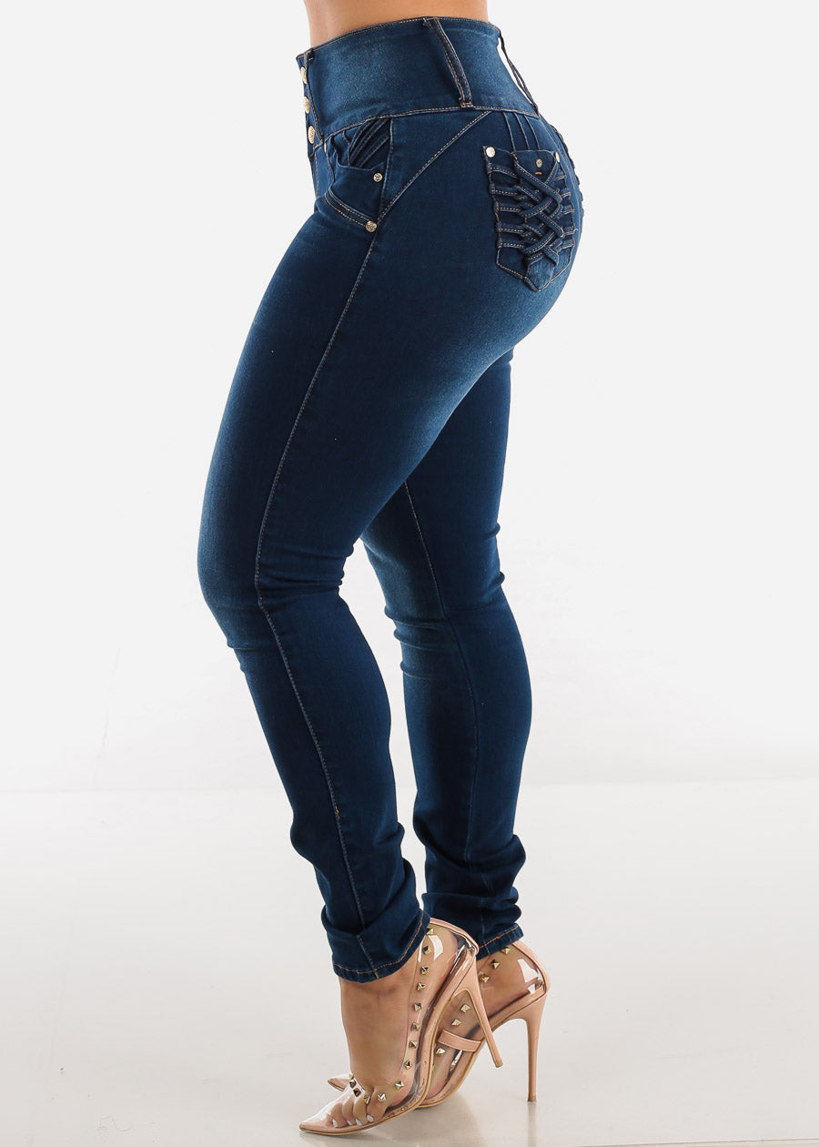 MX JEANS Braided Pocket Butt Lifting Dark Blue Skinny Jeans