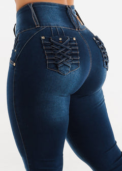 MX JEANS Braided Pocket Butt Lifting Dark Blue Skinny Jeans