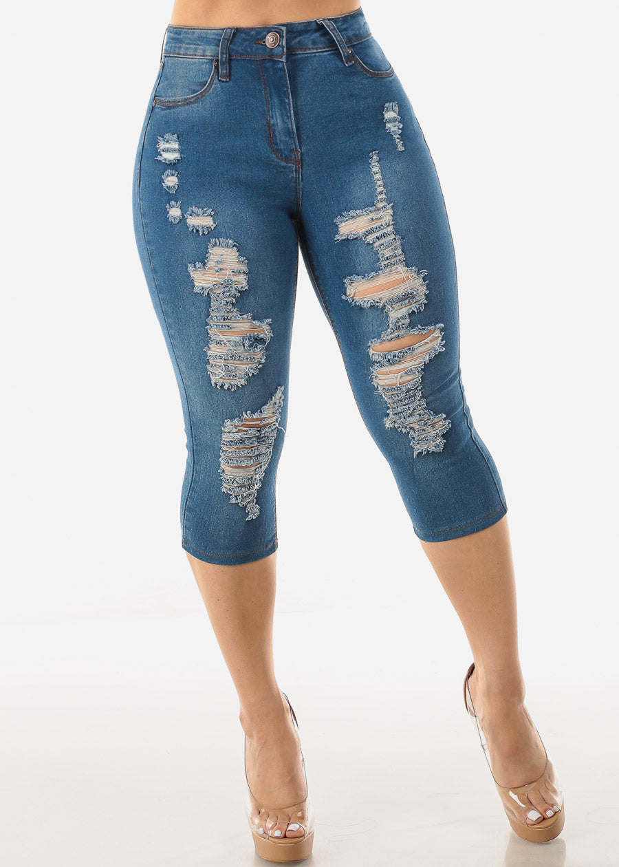 Distressed Mid Rise Stretchy Denim Capris