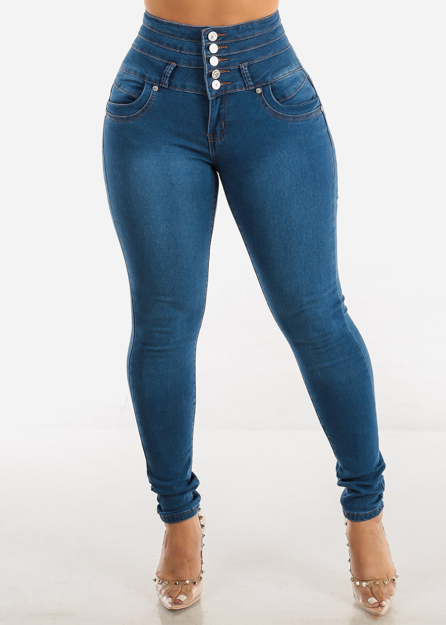 Super High Waisted Butt Lifting Skinny Jeans w Brown Stitching
