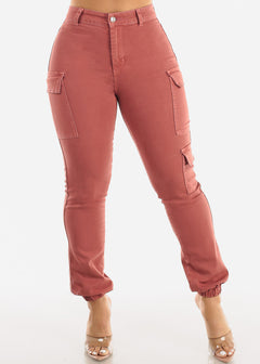 High Waisted Stretch Cargo Jogger Jeans Rose