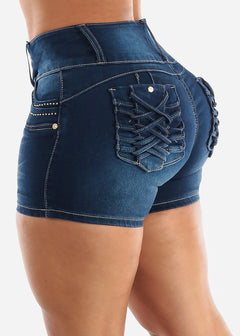 MX JEANS Butt Lift Braided Pockets Light Blue Shorts